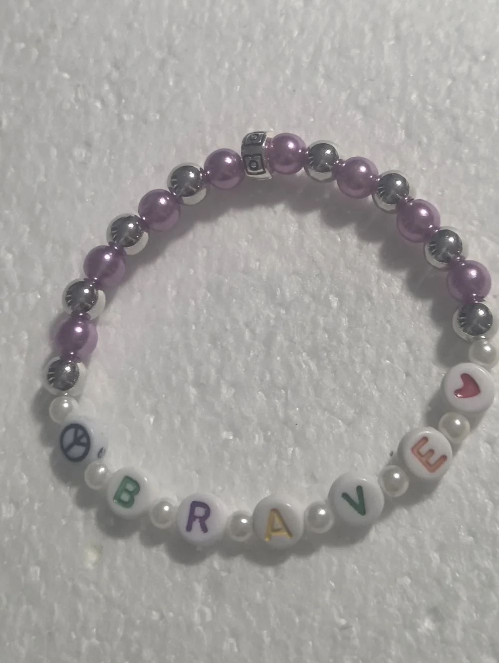 Handcrafted Kids 'BRAVE' Beaded Stretch Bracelet - Purple & Silver - Picture 1 of 8